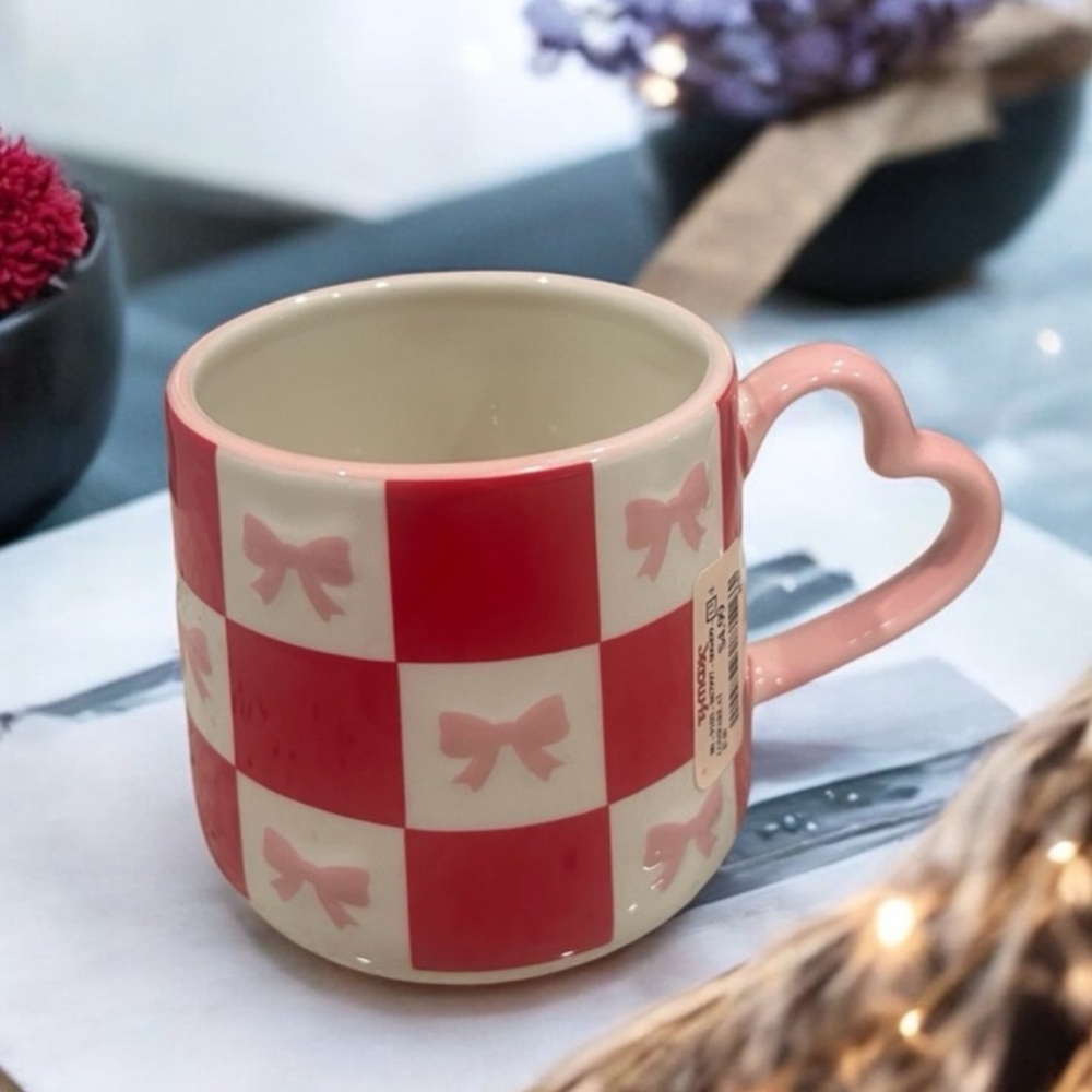 Charming Pink and Red Checkered Mug with Heart Handle